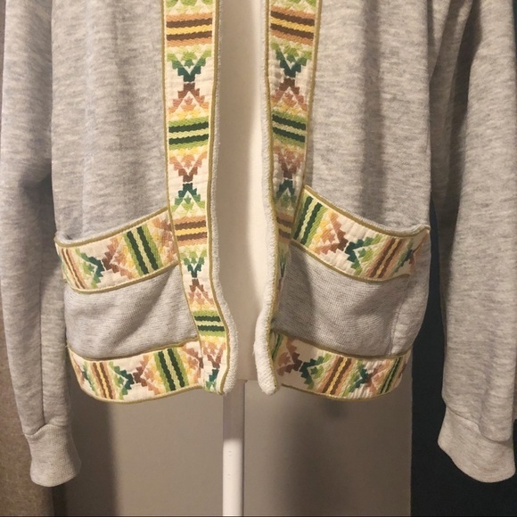 Gray sweatshirt cardigan with woven trim - Picture 3 of 10